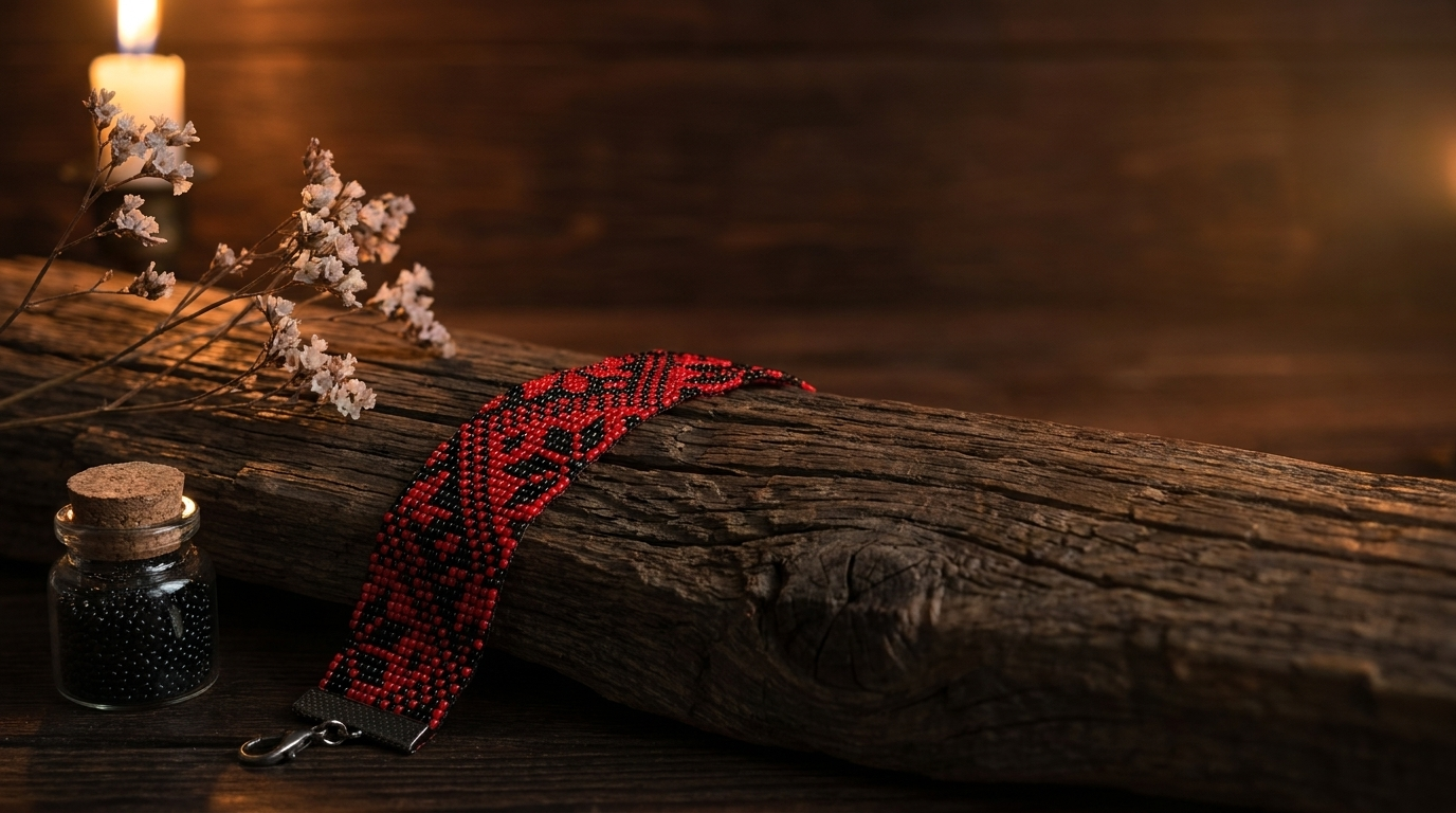 Handcrafted beaded bracelet resting on weathered wood in candlelight.